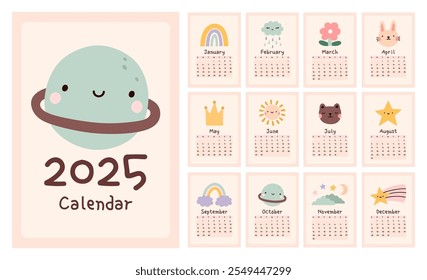 Calendário infantil bonito para 2025, a semana começa no domingo. Modelo de calendário anual vertical com capa e páginas de 12 meses. Perfeito para crianças berçário, decoração de casa. Projeto Kawaii com arco-íris, estrela, sol.