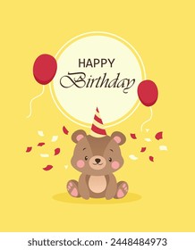 Cute children's card with illustrations of a bear and balloons. Happy birthday text.