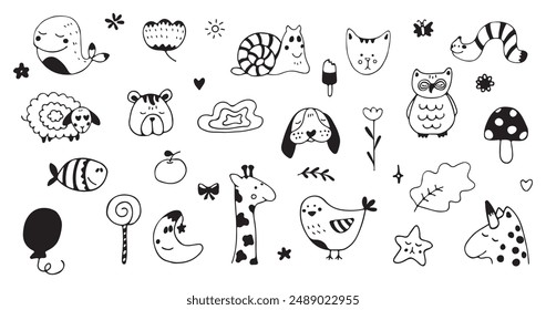 Lindo conjunto de animales de dibujos animados para niños. Varios animales e iconos como perro, jirafa, oso, pez, gusano, ovejas, unicornio, aves, nubes, flores, dulces. Ilustración vectorial simple divertida de los niños