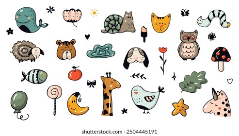 Cute children's cartoon animals set. Various animals and icons such as dog, giraffe, bear, fish, worm, sheep, unicorn, birds, clouds, flowers, sweets. Children's funny simple vector illustration