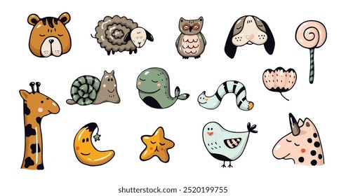 Cute children's cartoon animals set. Various animals and icons such as dog, giraffe, bear, fish, worm, sheep, unicorn, birds, clouds, flowers, sweets. Children's funny simple vector illustration.