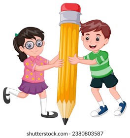 Cute childrens cartoon holding a big pencil. Vector illustration