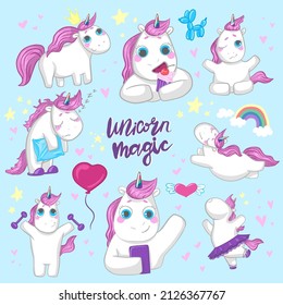 cute children's cartoon set with kind cheerful unicorns. white unicorns with a pink mane and a rainbow horn on a blue background. children's illustration. for girls 