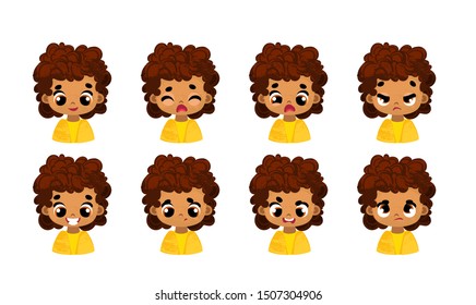 Cute children's character emotions set. Cartoon style. Cute african girl