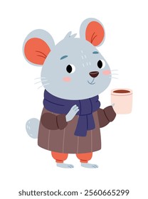 Cute children's character mouse in warm clothes holding a cup of coffee, tea or cocoa.