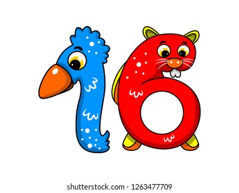 cute children's character number, vector number sixteen