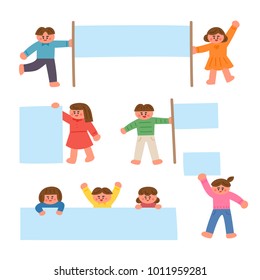 Cute children's characters holding empty flat cards. vector illustration flat design