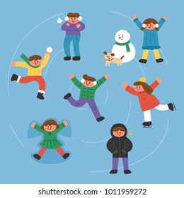 Cuidados personajes infantiles jugando patinaje sobre hielo en los lagos de hielo. diseño plano de ilustración vectorial