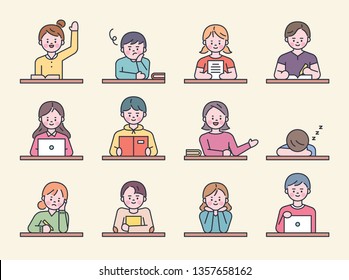 Cute children's characters sitting at the desk studying. flat design style minimal vector illustration