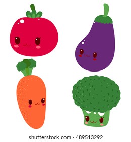 Cute children's characters vegetables: tomato, carrot, broccoli and eggplant. Healthy food. Funny faces.