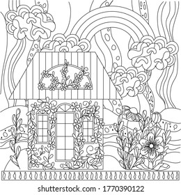 Cute children's coloring book with a house in flowers. Abstract sky with clouds and rainbows, ornament. Black outline on a white background, vector illustration.