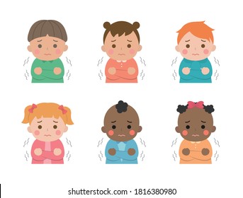 Cute children's daily illustrations set, different races with skin color, cold, shaking, cartoon comic vector illustration, set, isolated