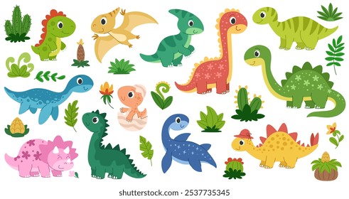 Lindo conjunto de dinosaurios para niños. Dinosaurios marinos, carnívoros, herbívoros y voladores y plantas prehistóricas.