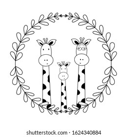 Cute children's doodle illustration, mom and dad giraffes and their baby, isolate on a white background, cute character, funny vector illustration for books, children's parties, t-shirts, cards