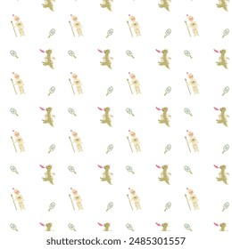 Cute childrens dragons pattern with fairy funny character. Childish seamless background with fantasy animal and house or castle. Kids nursery, boys design. Cute magic creatures endless print.