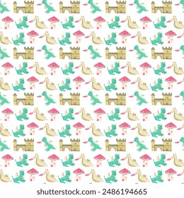 Cute childrens dragons pattern with fairy funny character. Childish seamless background with fantasy animal and house or castle. Kids nursery, boys design. Cute magic creatures endless print.