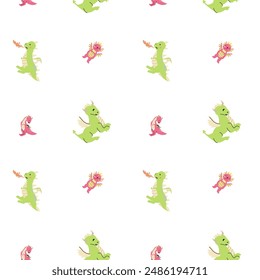 Cute childrens dragons pattern with fairy funny character. Childish seamless background with fantasy animal and house or castle. Kids nursery, boys design. Cute magic creatures endless print.