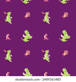 Cute childrens dragons pattern with fairy funny character. Childish seamless background with fantasy animal and house or castle. Kids nursery, boys design. Cute magic creatures endless print.