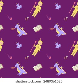 Cute childrens dragons pattern with fairy funny character. Childish seamless background with fantasy animal and house or castle. Kids nursery, boys design. Cute magic creatures endless print.