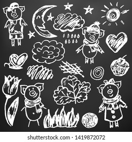 Cute children's drawing. Chalk drawing on black board