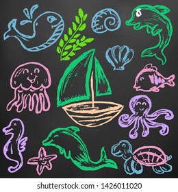 Cute children's drawing. Chalk drawing on blackboard