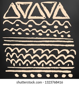 Cute children's drawing. Colored wax crayons on black background. Doodle Sketch. Geometric pattern