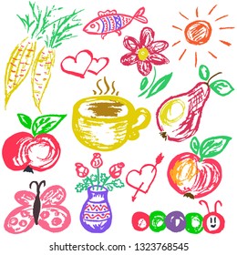 Cute children's drawing. Colored wax crayons. Icons, signs, symbols, pins. Cozy drawings. Tea, fruits, flowers, carrots