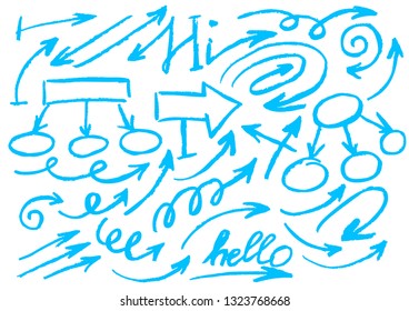 Cute children's drawing. Colored wax crayons. Icons, signs, symbols, pins. Elements for design. Arrows, Doodle, Curls