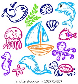 Cute children's drawing. Colored wax crayons. Icons, signs, symbols, pins. Marine elements. ship, jellyfish, octopus, whale, dolphin