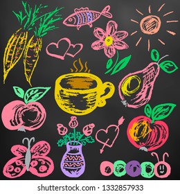 Cute children's drawing. Colored wax crayons on black background. Icons, signs, symbols, pins. Cozy drawings. Tea, fruits, flowers