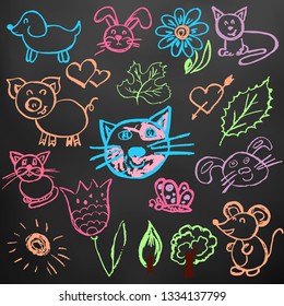 Cute children's drawing. Colored wax crayons on black background. Icons, signs, symbols, pins. Cats, hares, flowers, trees, pig