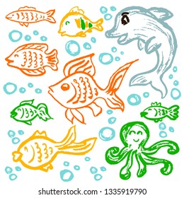 Cute children's drawing. Colored wax crayons. Icons, signs, symbols, pins. Marine elements. Fish, dolphin, octopus