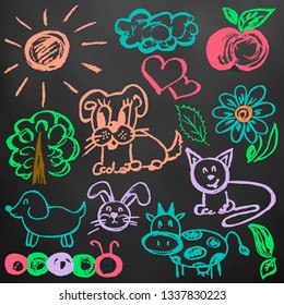 Cute children's drawing. Colored wax crayons on black background. Icons, signs, symbols, pins. Animals, flowers, clouds, apple