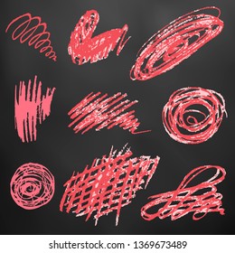 Cute children's drawing. Colored wax crayons on black background. Icons, signs, symbols, pins. Doodle, sketch, outline