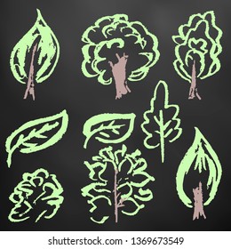 Cute children's drawing. Colored wax crayons on black background. Icons, signs, symbols, pins. Elements for design. Green trees, leaves