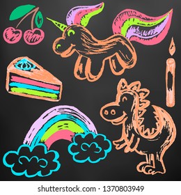 Cute children's drawing. Colored wax crayons on black background. Icons, signs, symbols, pins. Unicorn, dinosaur, rainbow, cake, cherry