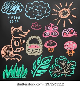 Cute children's drawing. Colored wax crayons on black background. Icons, signs, symbols, pins. Forest elements. Mushrooms, bushes, leaves