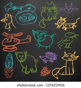 Cute children's drawing. Colored wax crayons on black background. Icons, signs, symbols, pins. Tank, helicopter, rocket, animals