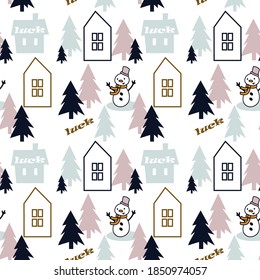 
A cute children's drawing, a forest clearing with a house, a snowman and Christmas trees. Festive seamless pattern for fabrics, packaging, wallpaper