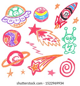 Cute children's drawing. Icons, signs, symbols, pins