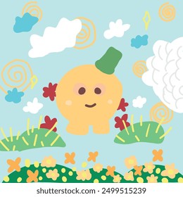 Cute children's drawing, kids doodles happiness orange character playing in the park