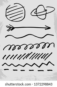 Cute children's drawing marker stroke. Arrow, planet,  doodle, curls. Set Isolated on White Background. Elements for design. 