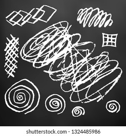 Cute children's drawing. White chalk on a black board. Icons, signs, symbols. Doodle, sketch, outline. Scribble