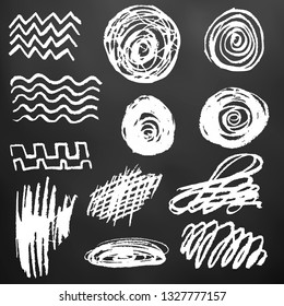Cute children's drawing. White chalk on a black board. Icons. Doodle, sketch, outline. Scribble