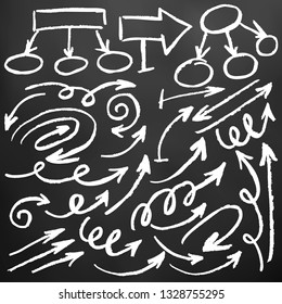 Cute children's drawing. White chalk on a black board. Icons. Elements for design. Arrows, Doodle, Curls