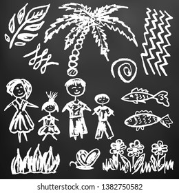 Cute children's drawing. White chalk on a black board. Icons, signs, symbols, pins. Family holiday. Palma, family, fish, flowers