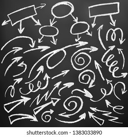 Cute children's drawing. White chalk on a black board. Icons, signs. Elements for design. Arrows, Doodle, Curls