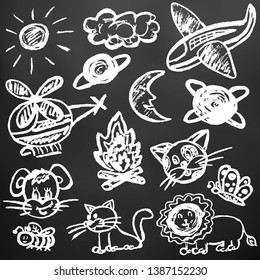Cute children's drawing. White chalk on a black board. Icons, signs, symbols, pins. Safari travel. Plane, helicopter, bonfire, lion