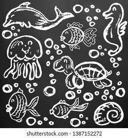 Cute children's drawing. White chalk on a black board. Icons, signs, symbols, pins. Marine elements. Fish, jellyfish