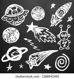 Cute children's drawing. White chalk on a black board. Icons, signs, symbols, pins. Space elements. Planet, star, comet